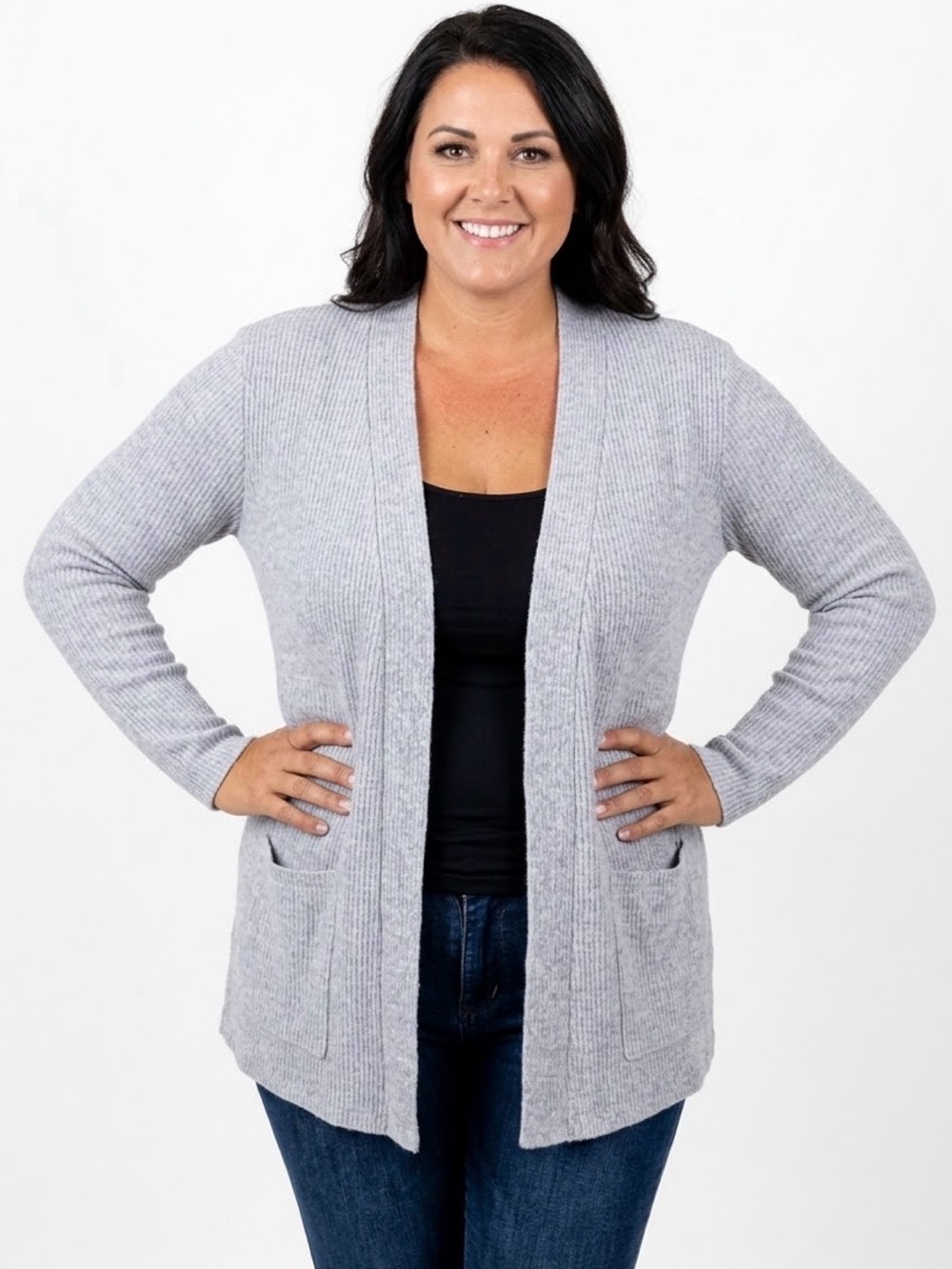 Gray Ribbed Open Front Sweater Cardigan Pockets Zenana Women’s XL